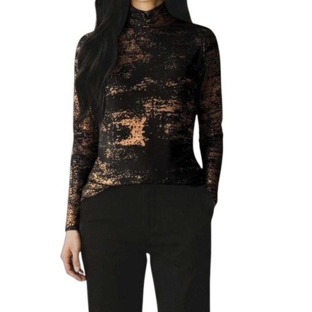 Ted Baker London Women’s Size 2 Small Black Copper Metallic Sheer Mesh Mock Neck